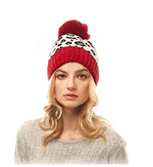 Winter Hat Leopard Beanie with PomPom