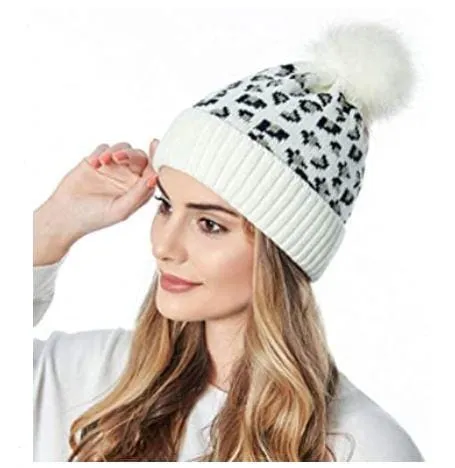 Winter Hat Leopard Beanie with PomPom