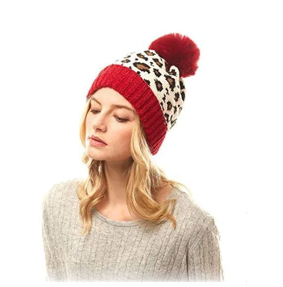Winter Hat Leopard Beanie with PomPom