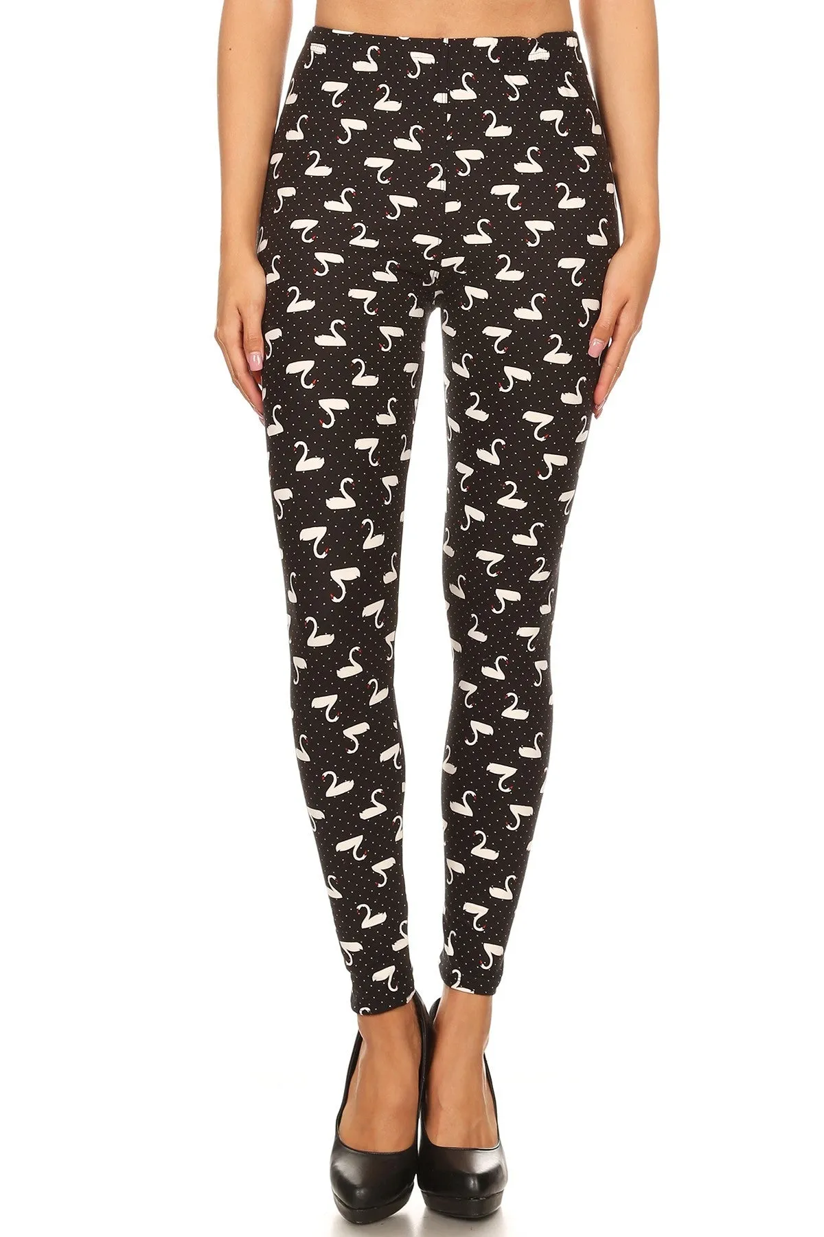 Women's 3X 5X B&W Swans Birds Pattern Print Leggings